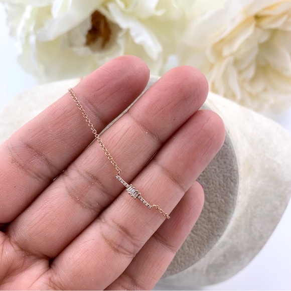 14K Solid Rose Gold Diamond Baguette Bar 16”-18” Adjustable Necklace - Picture 4 of 7